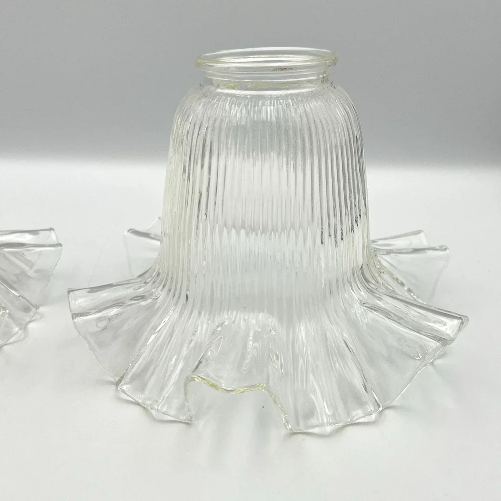 Vintage 1980s Clear Ribbed‎ Glass Lamp Shades Ruffled Edge 2